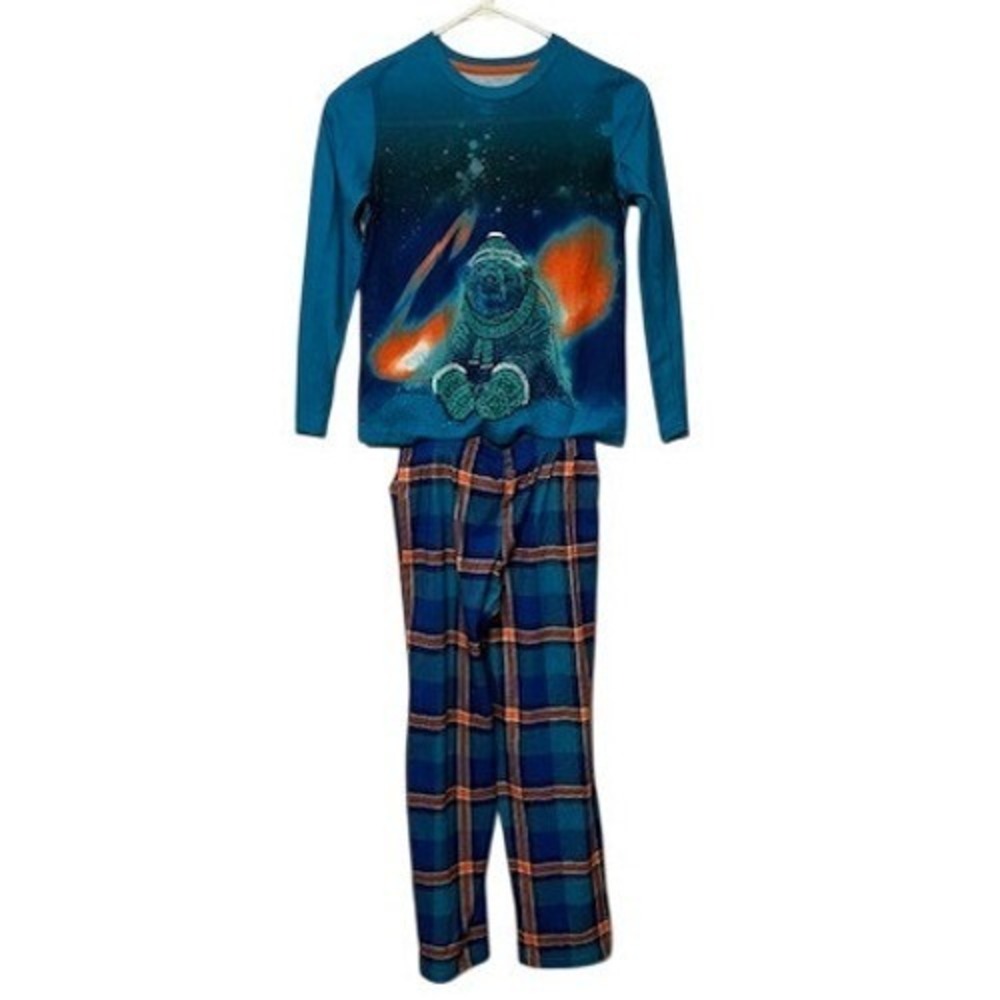 Kids Blue Orange Space Polar Bear Graphic Long Sleeve Plaid Pajama Set 2 Piece